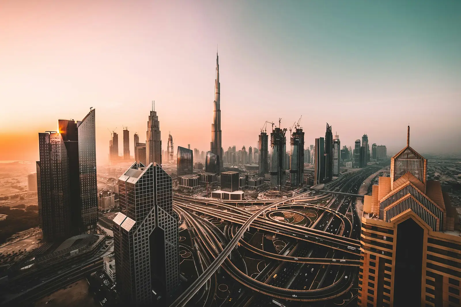Dubai skyline at golden hour with the Burj Khalifa
